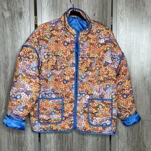 Floral Puffer Jacket Size L Patch Pockets Bohemian Quilted